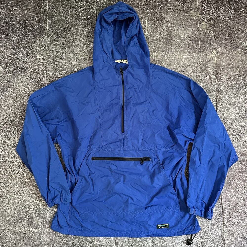 Men's Vintage 90's LL Bean USA Blue Black Hooded Anorak Windbreaker Jacket Sz L